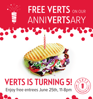 Free Entrée at VERTS to Celebrate 5th Anniversary