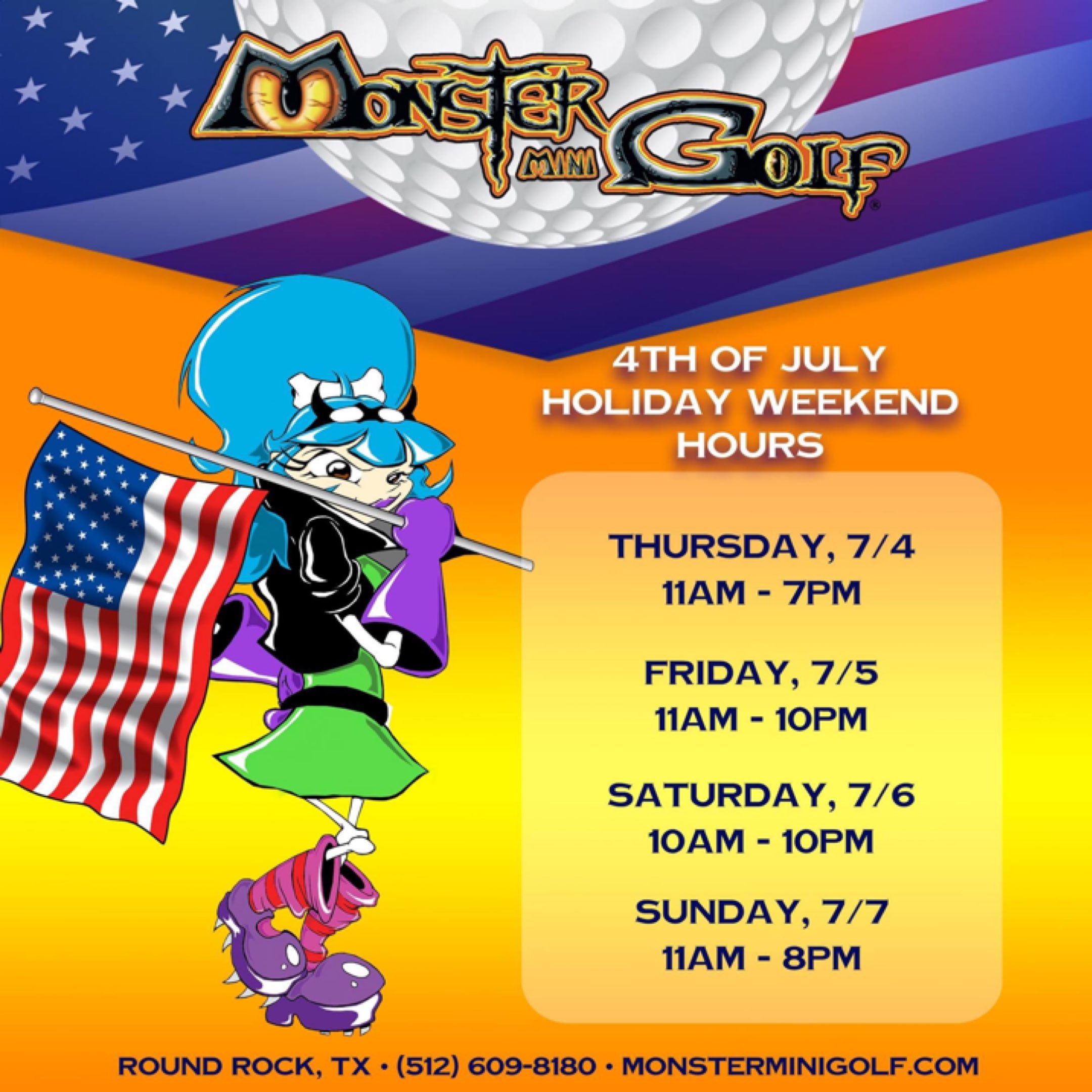 Monster Mini Golf July 4th 2024 hours