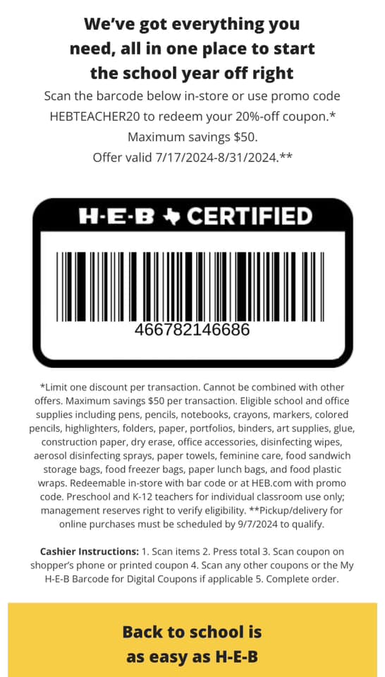 H-E-B 2024 Teachers Discount Coupon