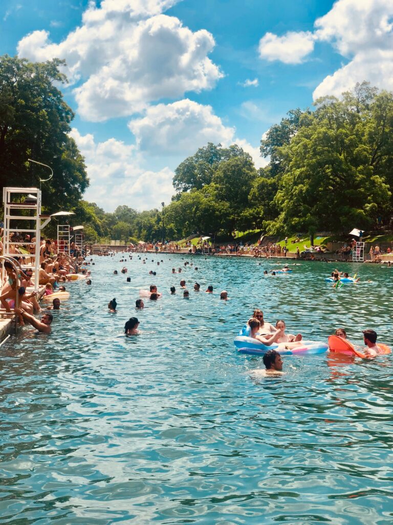 Swimmers cooling off at the spring-fed Barton Springs Pool in Austin