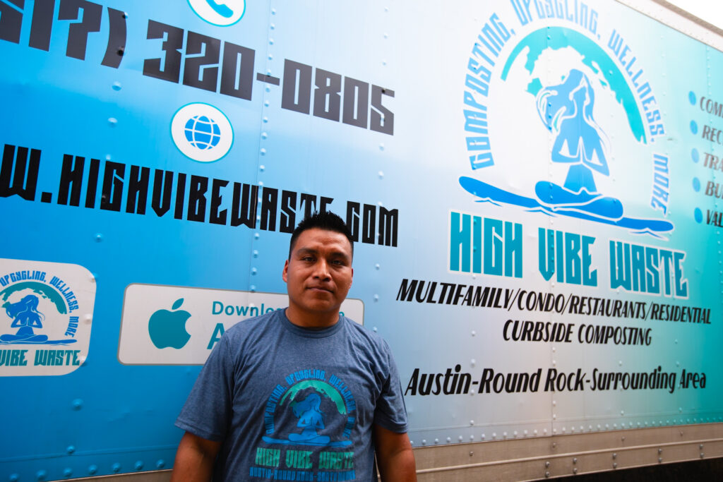 High Vibe Waste truck alongside founder Sean, who brings curbside composting to Round Rock